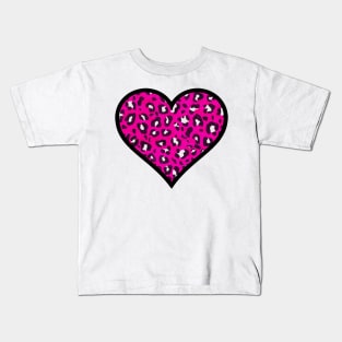 Bright Pink Leopard Print Heart Kids T-Shirt